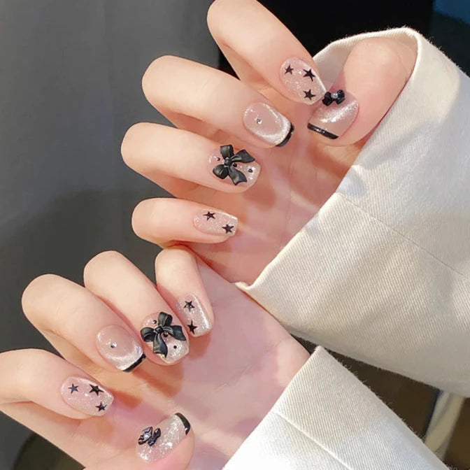 Black Short Ballet French Bow Design Cat Eye Handmade Press On Nails