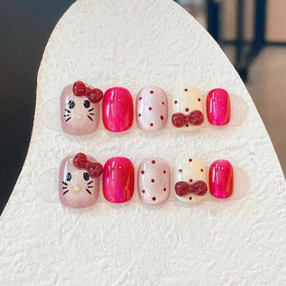 Red Polka Dot Cat Eye Bowknot Handmade Press On Nails