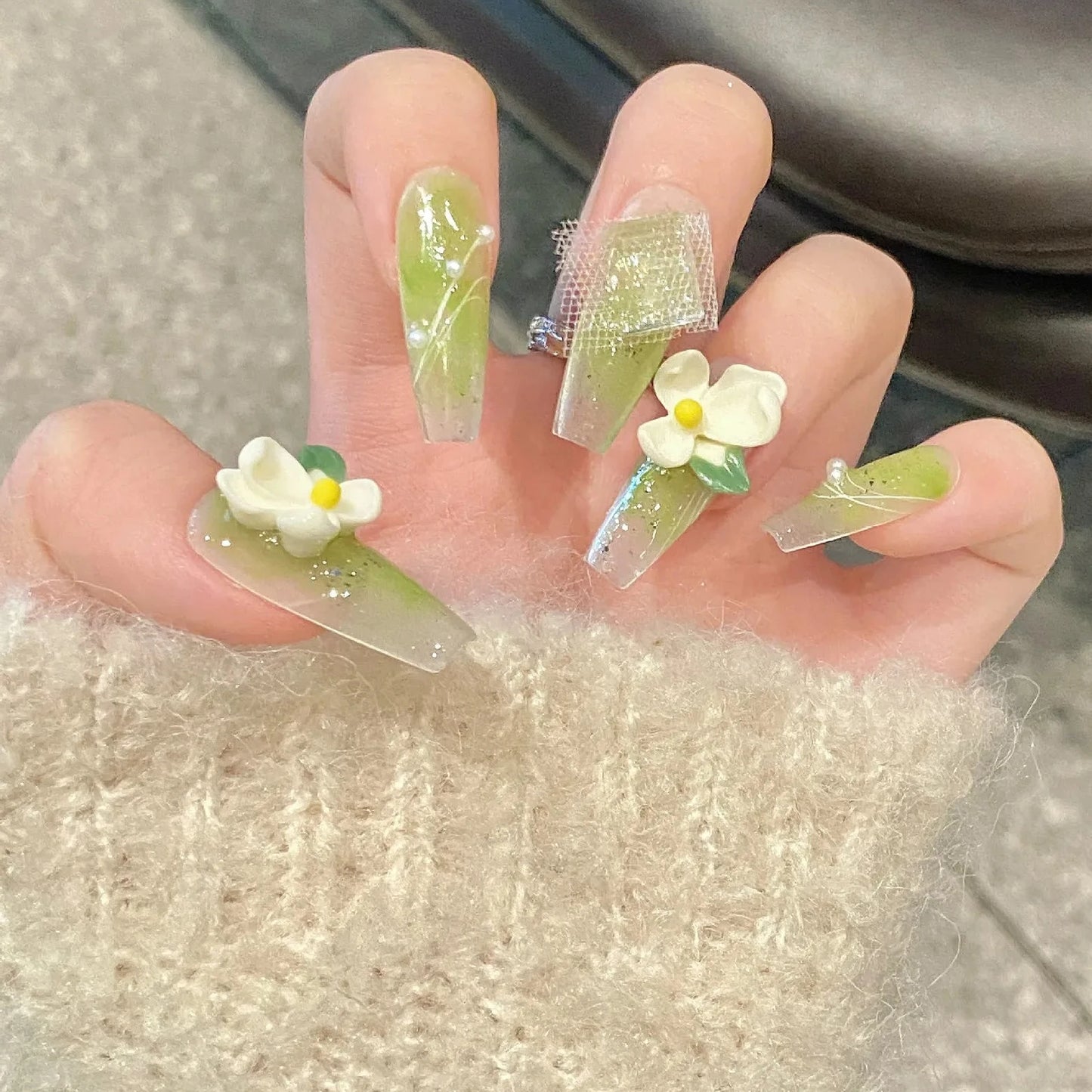 Light Green 3D Flower Rhienstone Pearl Long Coffin Handmade Press On Nails