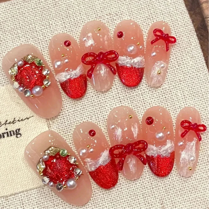 3D Bowknot Diamond Almond Shiny Red French Style Christmas Handmade Press On Nails