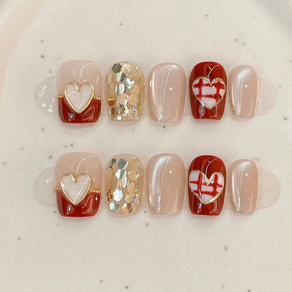 Aesthetic Red Heart Design Glitter Sequins Handmade Press On Nails