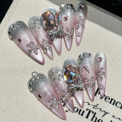 Glitter Pink Purple Long Stiletto Punk Metal Bows Diamond Handmade Press On Nails