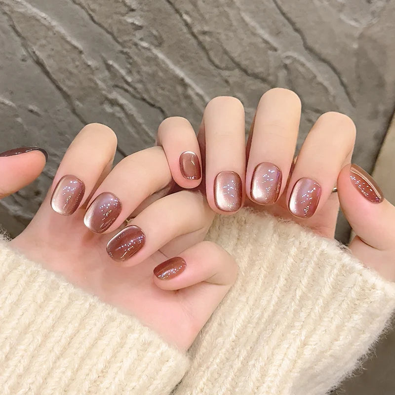 Short Brown Cat Eye Solid Color Handmade Press on Nails