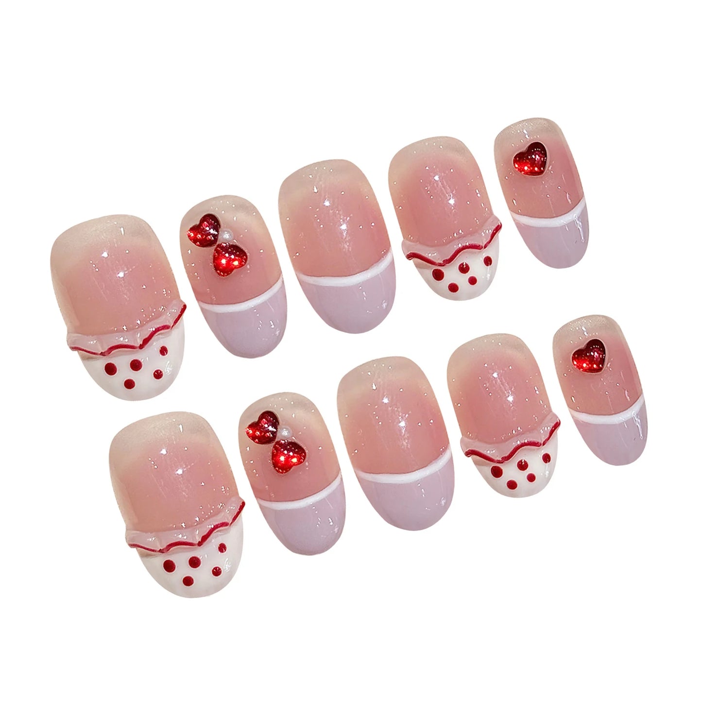 Red Diamond Love Heart Decor Blush Pink French Style Oval Handmade Press On Nails