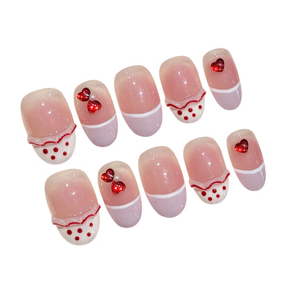 Red Diamond Love Heart Decor Blush Pink French Style Oval Handmade Press On Nails