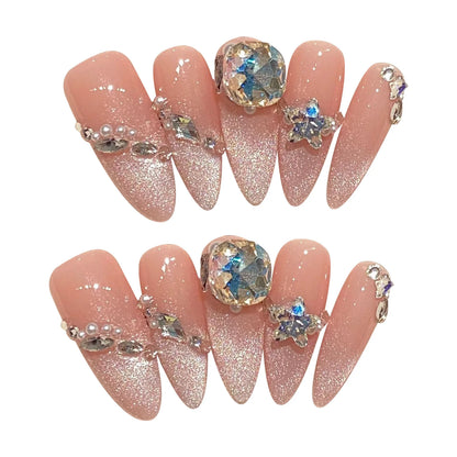 Pink Aurora Glossy Flash Diamond Glitter Cat's Eye Handmade Press On Nails