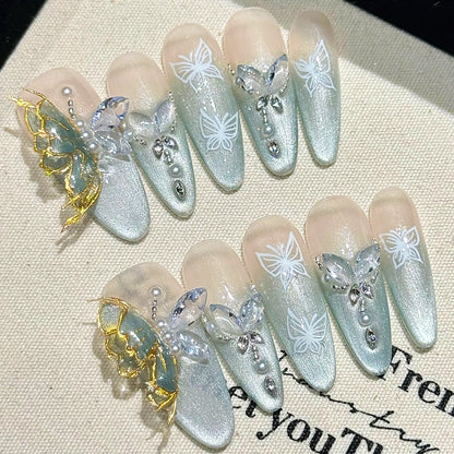 3D Glitter Crystal Green Butterfly Pearl Handmade Press On Nails