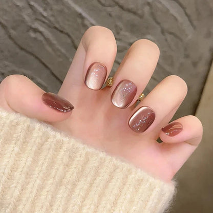 Short Brown Cat Eye Solid Color Handmade Press on Nails