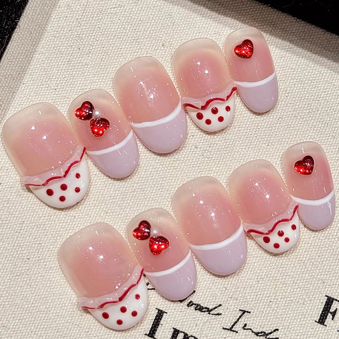 Red Diamond Love Heart Decor Blush Pink French Style Oval Handmade Press On Nails