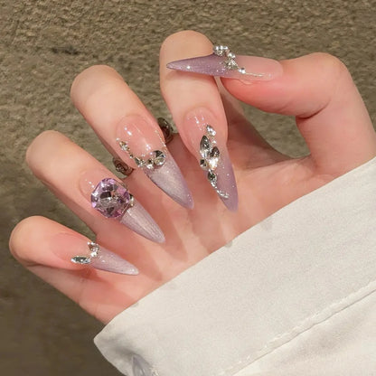 Glossy Diamond Purple Long Stiletto Handmade Press On Nails