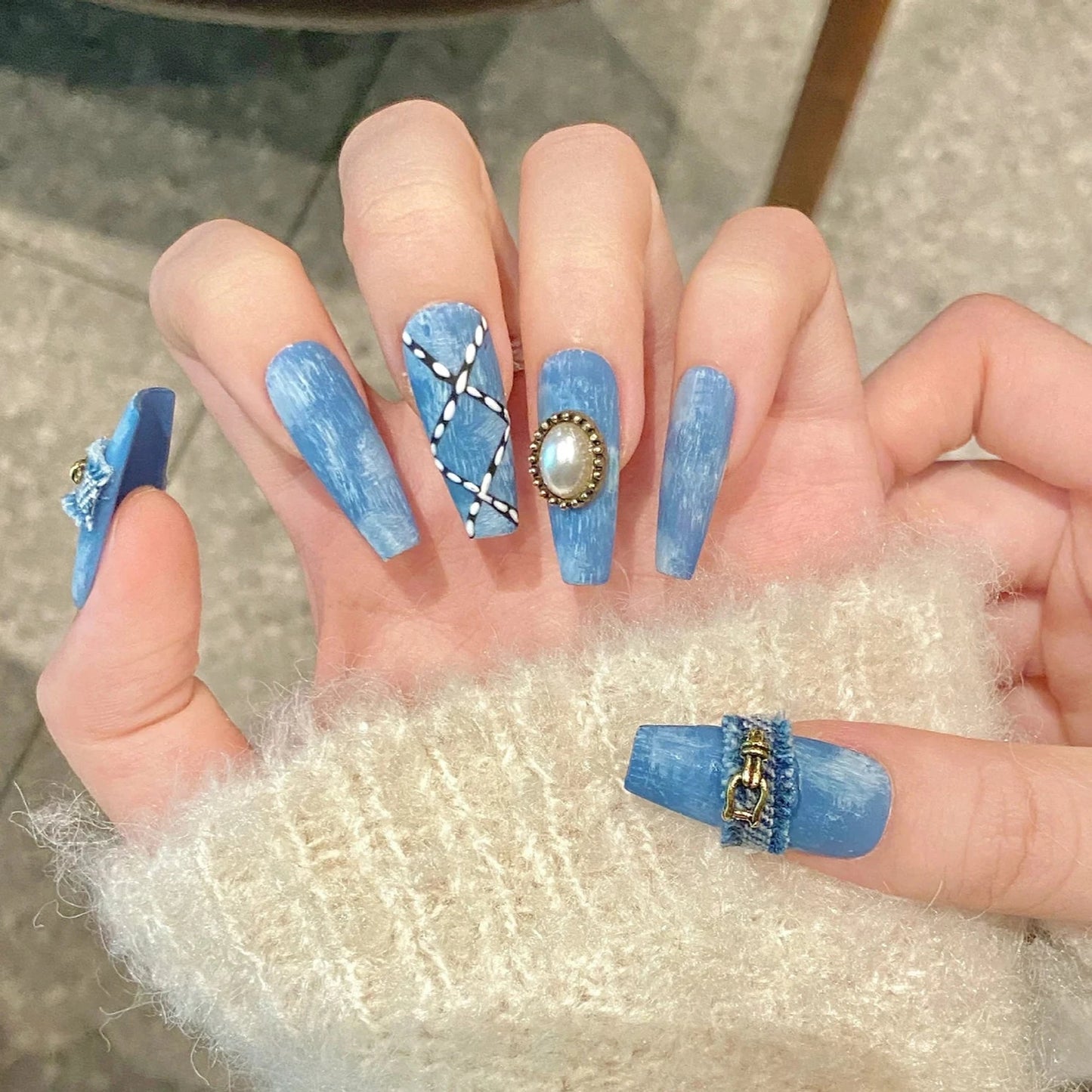 Blue Cowboy Style Long Coffin Handmade Press On Nails