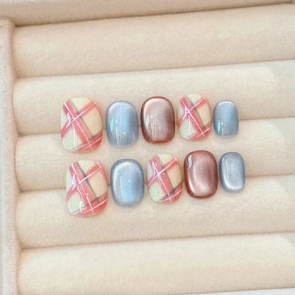 Cute Plaid Design Short Oval Handmade Press On Nails