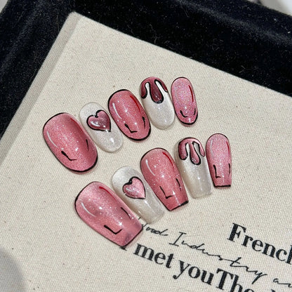 Love Heart Sweet Pink Glitter Handmade Press On Nails