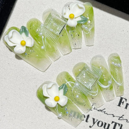 Light Green 3D Flower Rhienstone Pearl Long Coffin Handmade Press On Nails