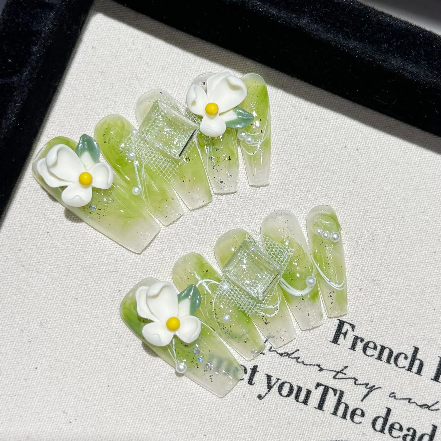 Light Green 3D Flower Rhienstone Pearl Long Coffin Handmade Press On Nails