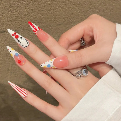 Clown Designs Pink French Long Stiletto Handmade Press On Nails