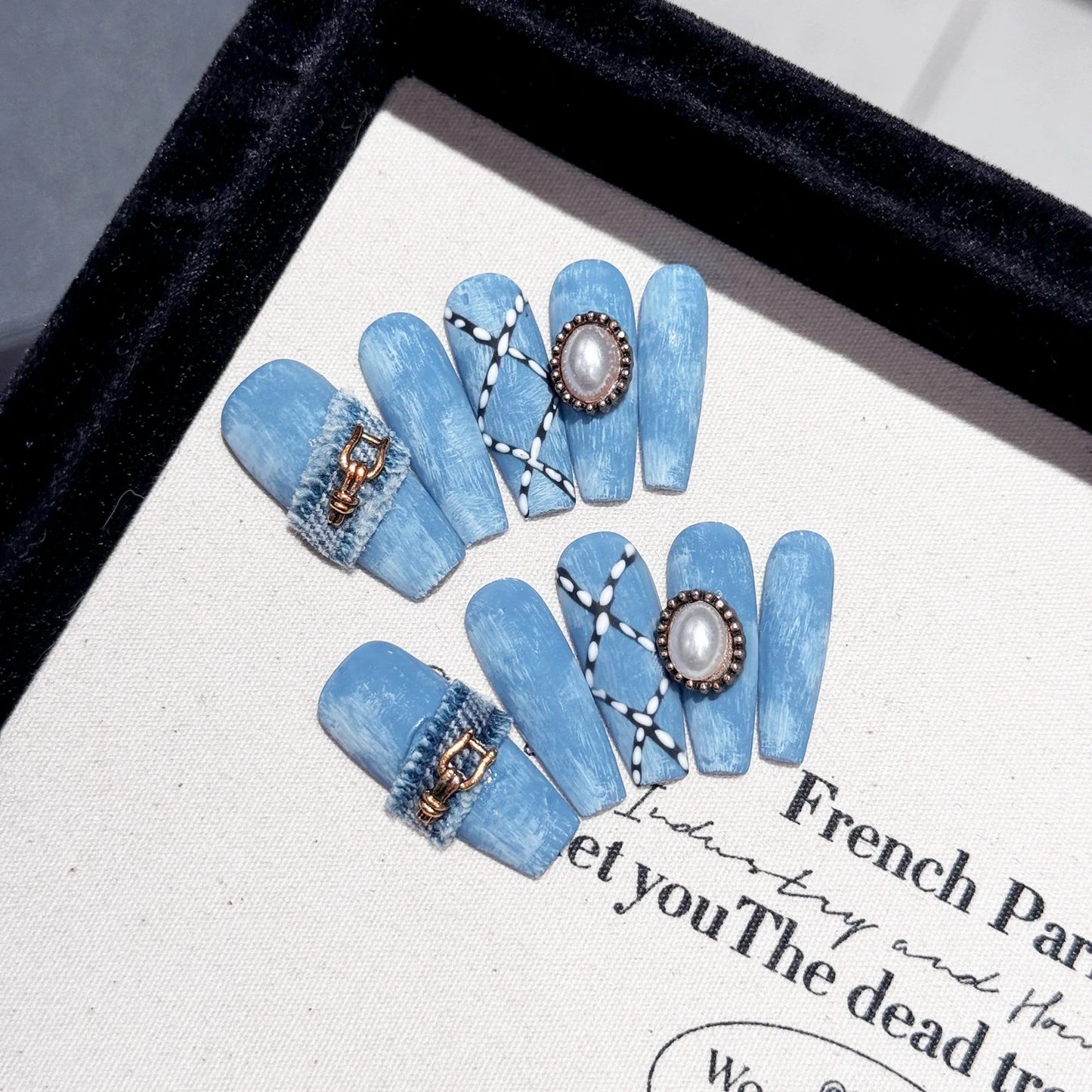 Blue Cowboy Style Long Coffin Handmade Press On Nails