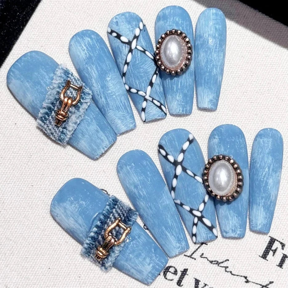 Blue Cowboy Style Long Coffin Handmade Press On Nails