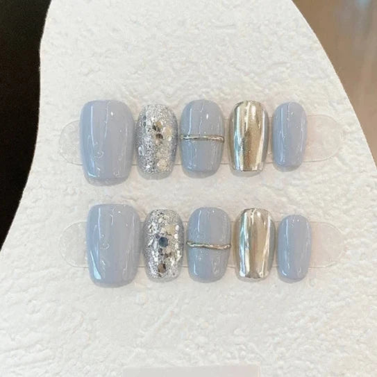 Blue Glitter Short Sequins Handmade Press On Nails