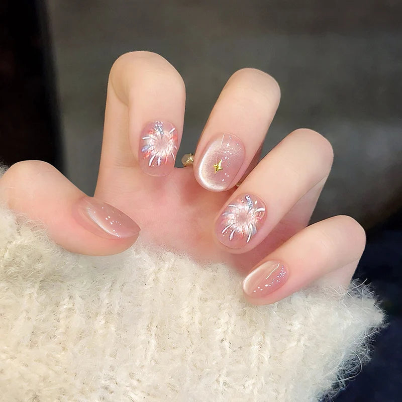 Pink Firework Cat Eye Handmade Press On Nails