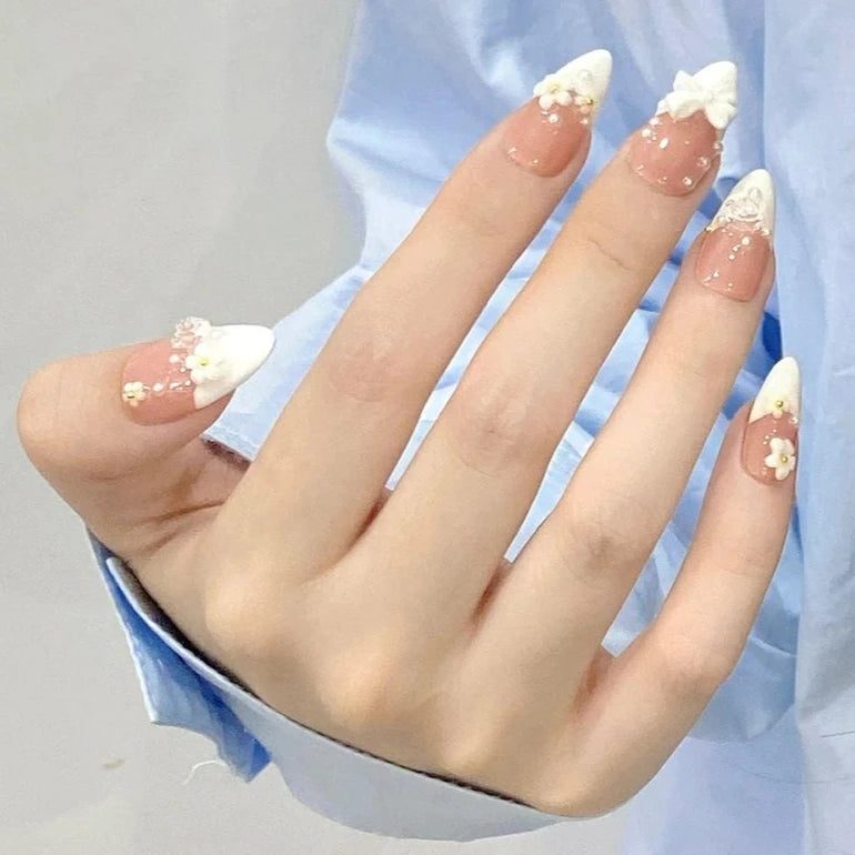 White 3D Bowknot Flower Pearl Almond French Style Handmade Press On Nails