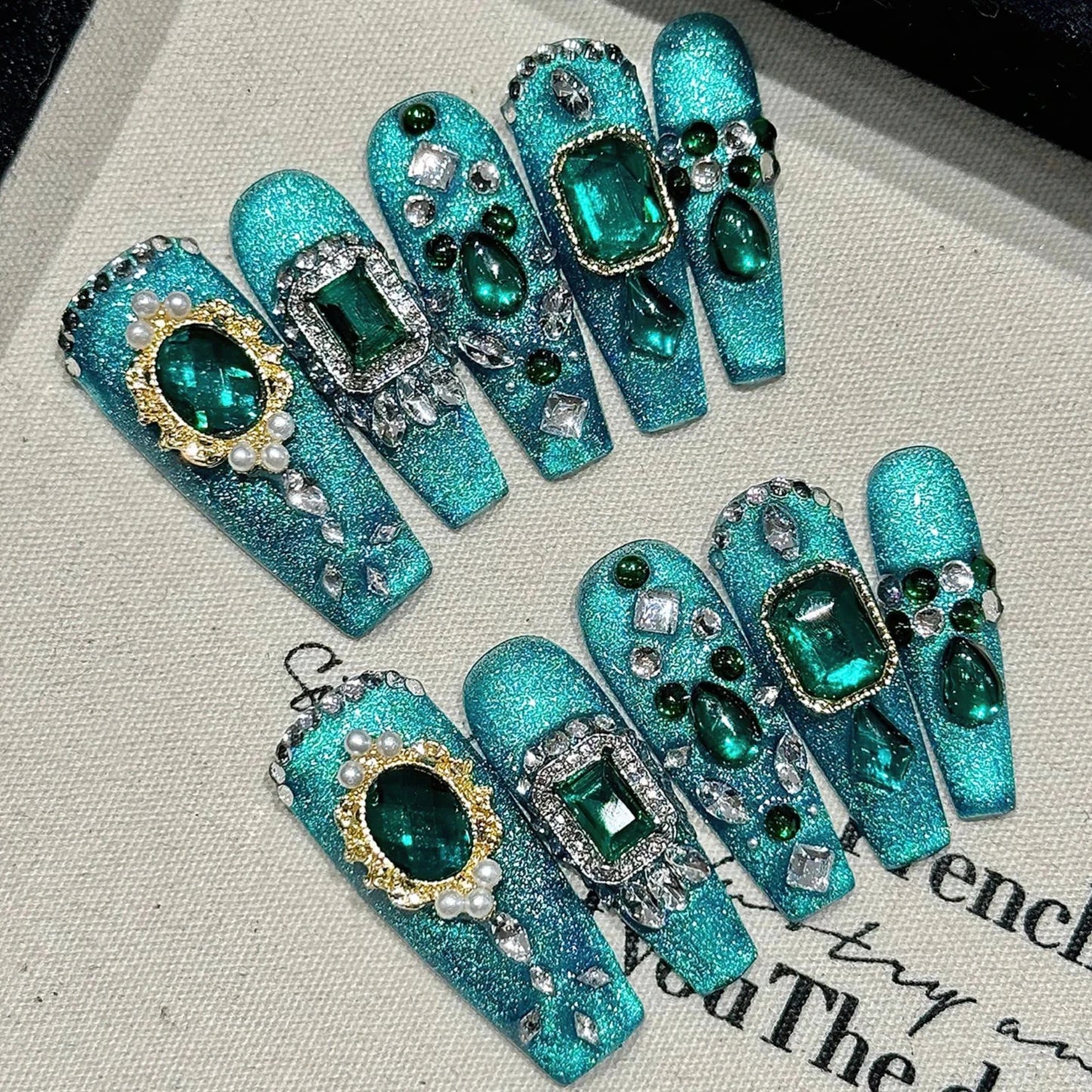 Flash Emerald Magic Mirror Green White Diamiond Handmade Press On Nails