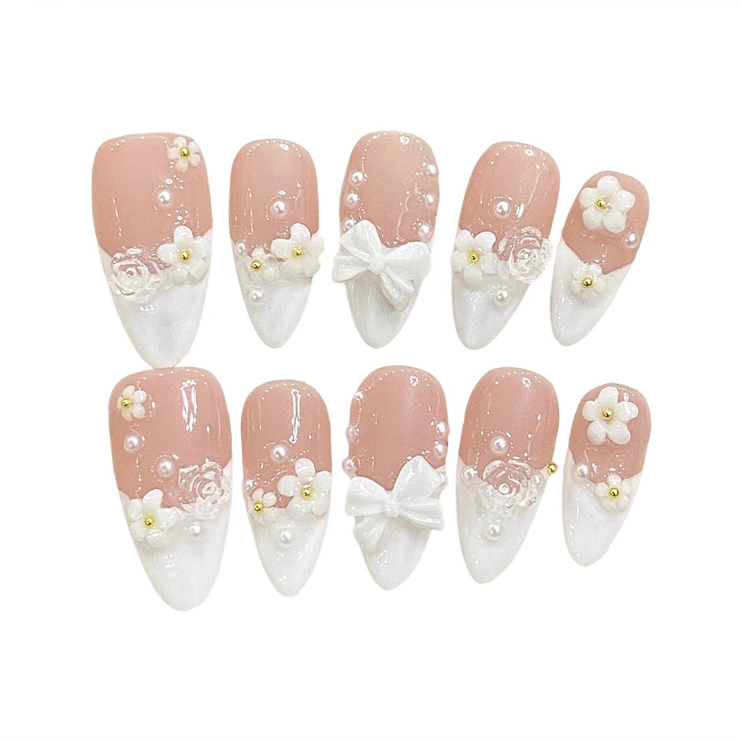 White 3D Bowknot Flower Pearl Almond French Style Handmade Press On Nails