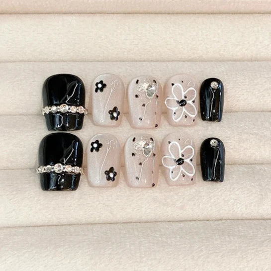 Small Floral Black Color Rhinestone French Cat Eye Handmade Press On Nail