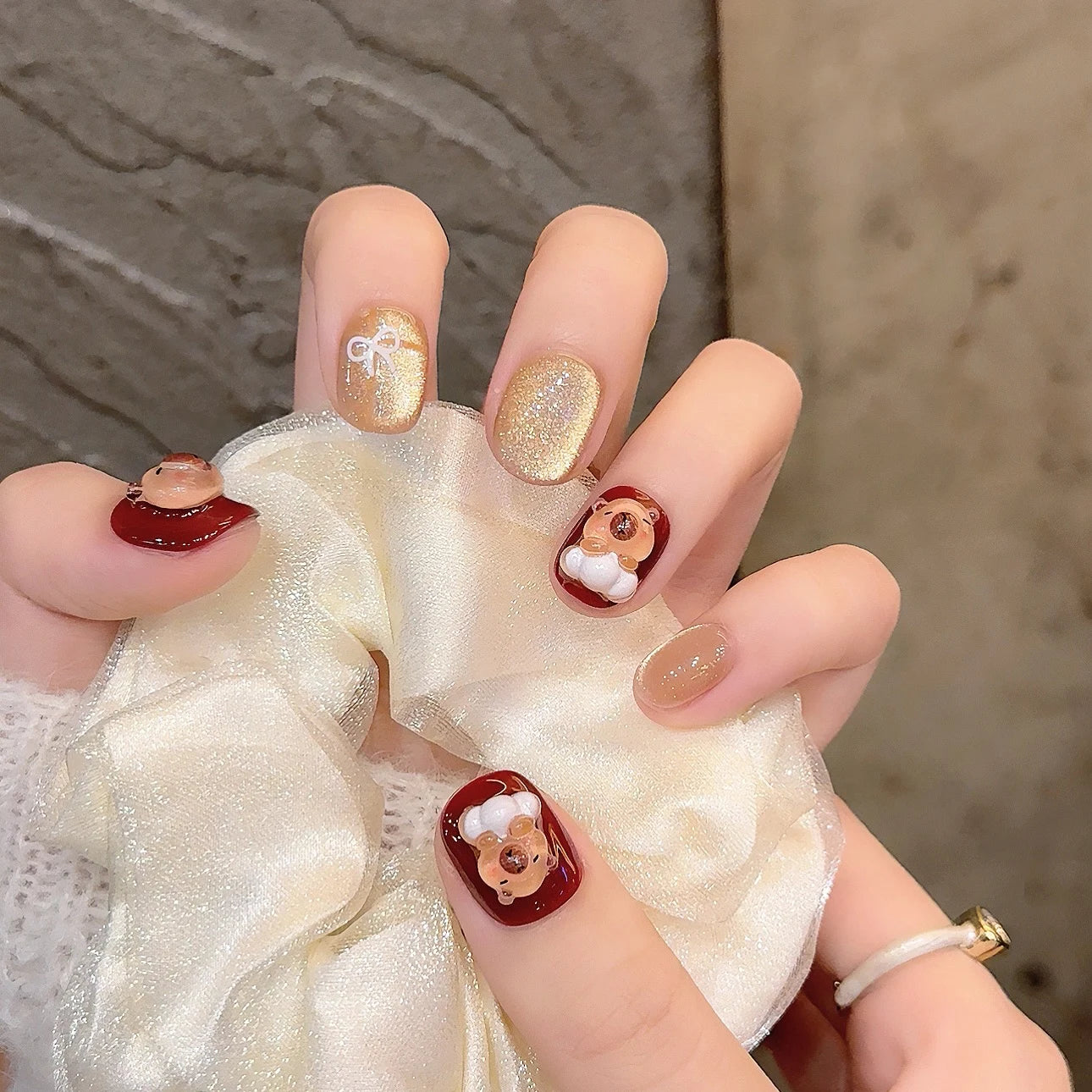 Cartoon Bear Cute Short Handmade Press On Nails