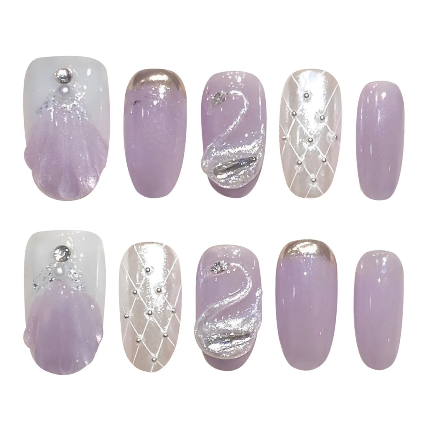 Glitter Swan Pearl Gradient Purple Round French Handmade Press On Nails