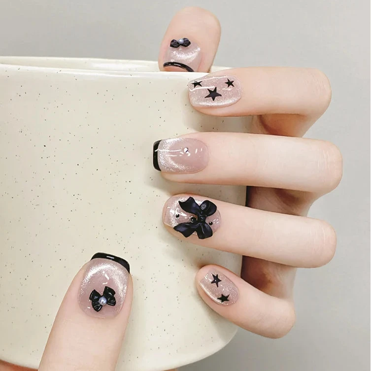 Black Short Ballet French Bow Design Cat Eye Handmade Press On Nails