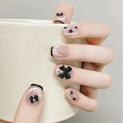 Black Short Ballet French Bow Design Cat Eye Handmade Press On Nails