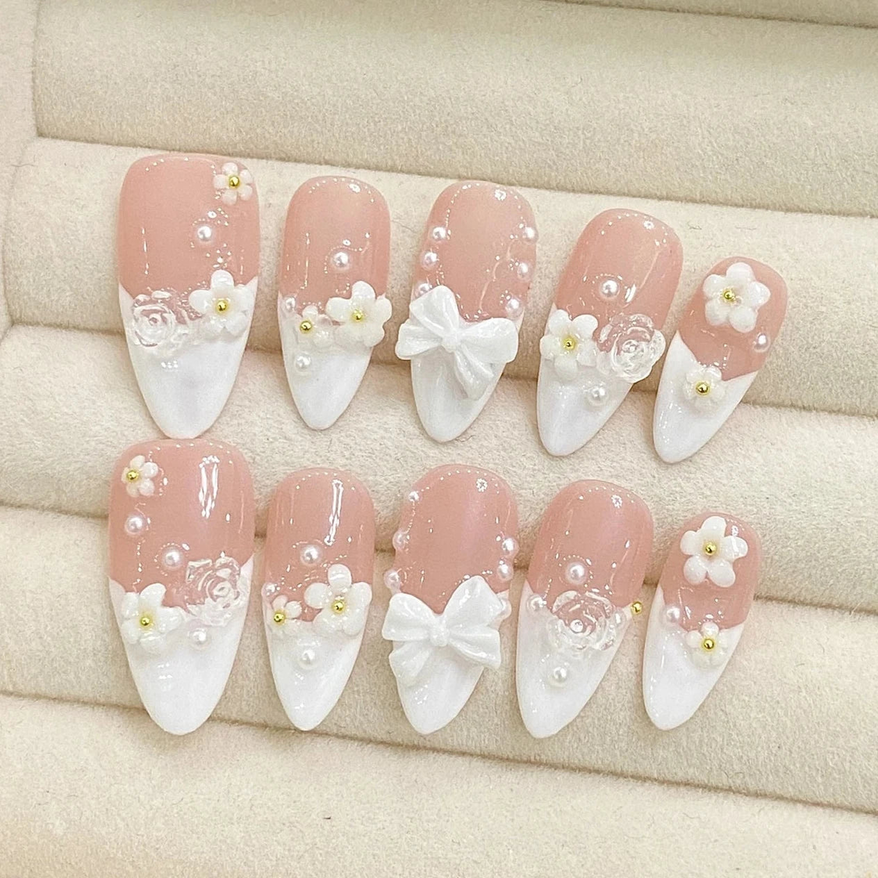 White 3D Bowknot Flower Pearl Almond French Style Handmade Press On Nails