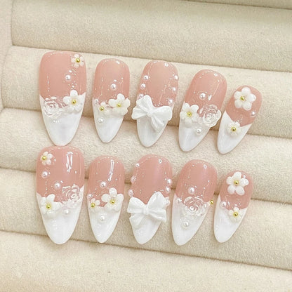 White 3D Bowknot Flower Pearl Almond French Style Handmade Press On Nails