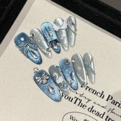 Blue Grey Swan Angel Wing Handmade Press On Nails