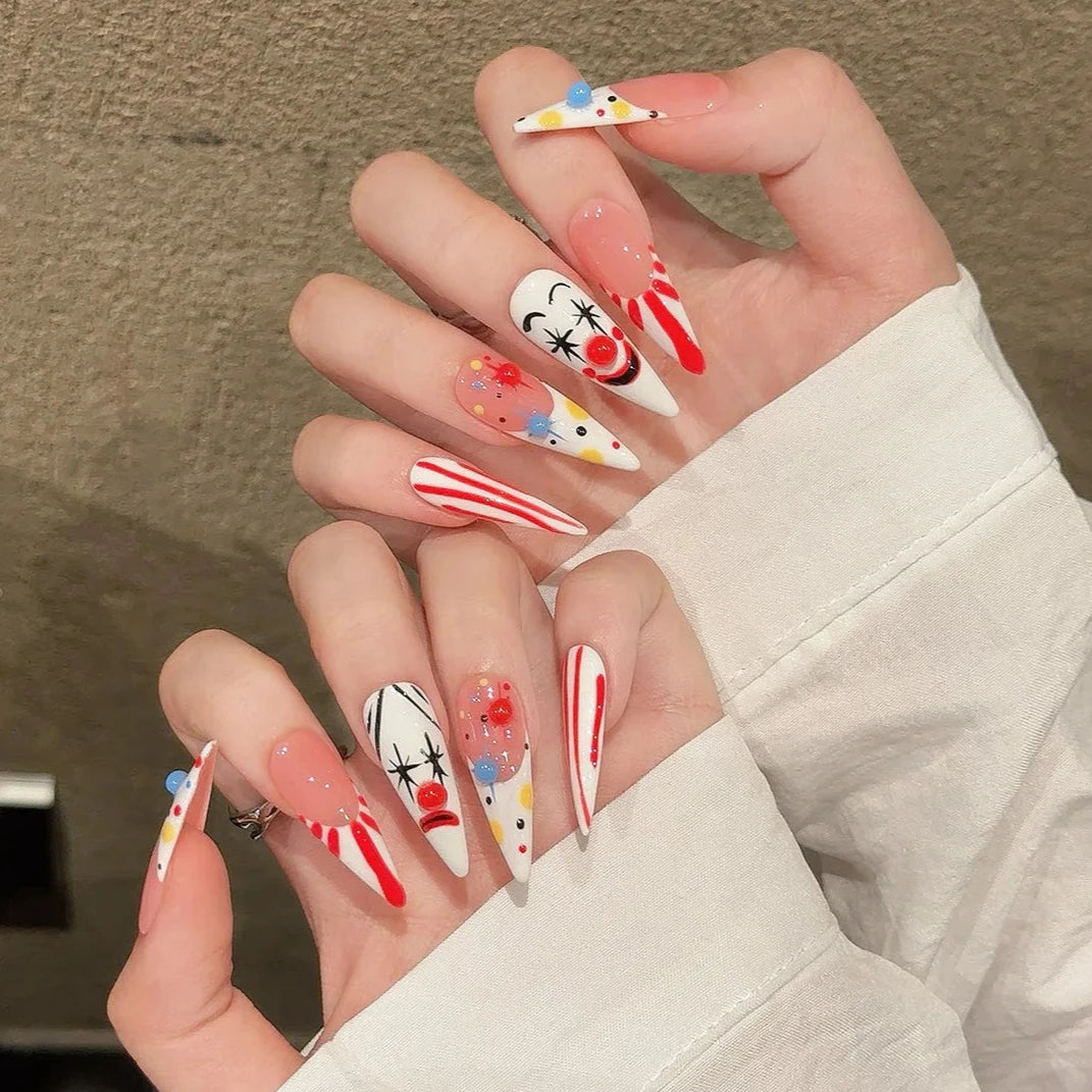 Clown Designs Pink French Long Stiletto Handmade Press On Nails