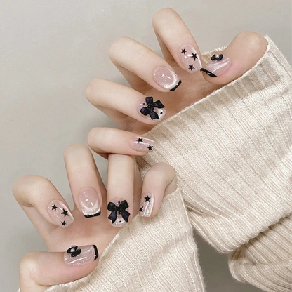 Black Short Ballet French Bow Design Cat Eye Handmade Press On Nails