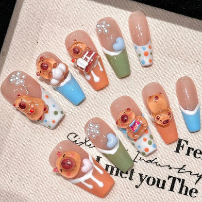 3D Marmot Candy Color Medium Coffin Handmade Press On Nails