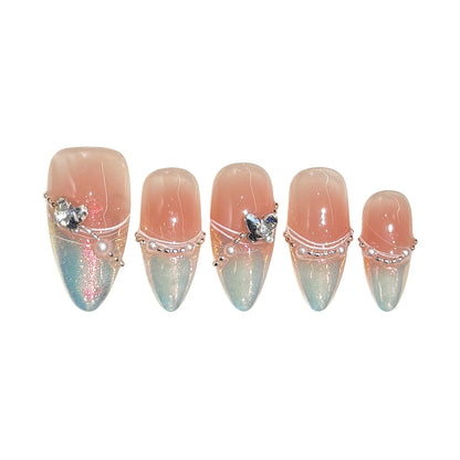 Pink Aurora Butterfly Pearls Almond French Handmade Press On Nails