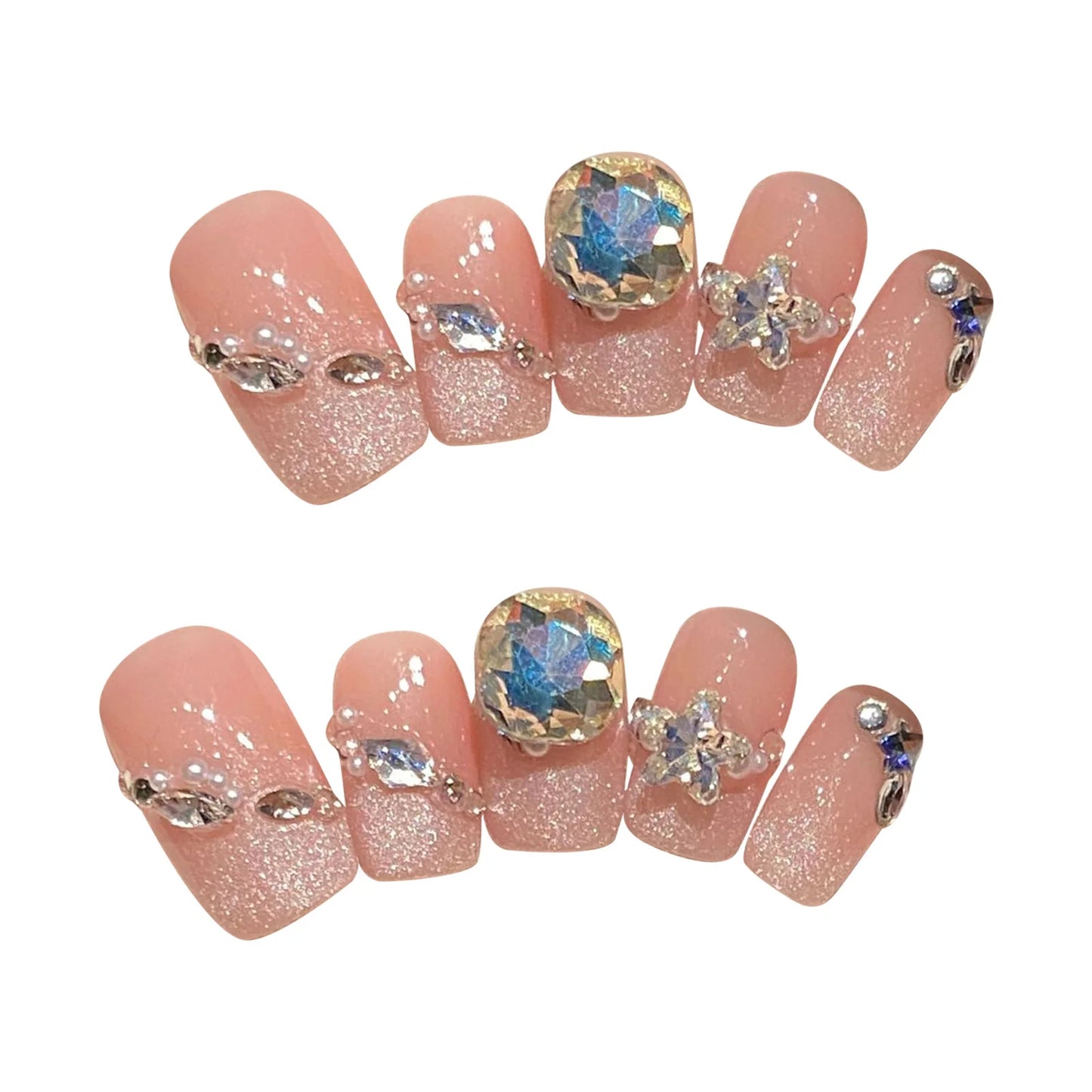 Pink Aurora Glossy Flash Diamond Glitter Cat's Eye Handmade Press On Nails