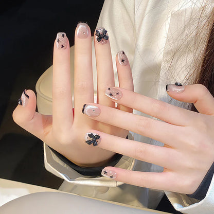 Black Short Ballet French Bow Design Cat Eye Handmade Press On Nails