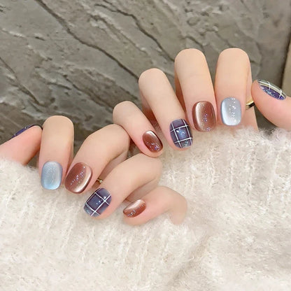 Blue Brown Cat Eyes Flash Crystal Short Oval Plaid Handmade Press On Nails