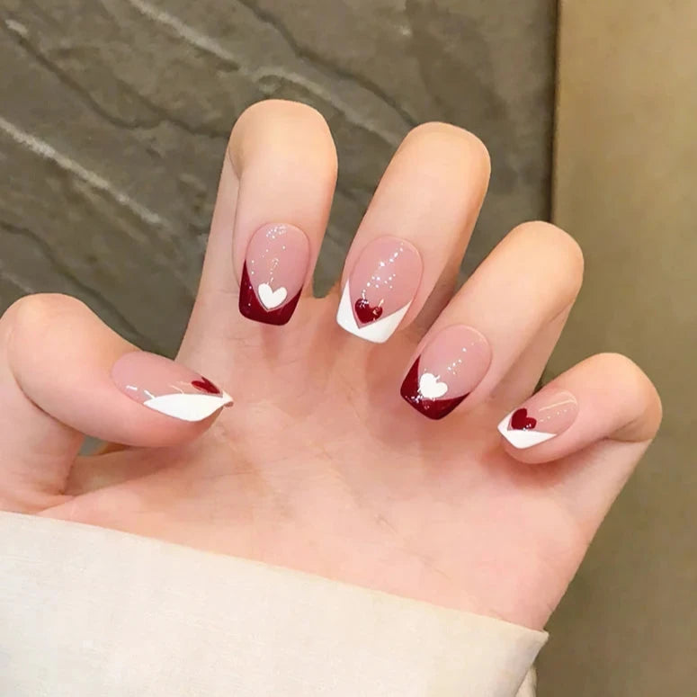 French Red White Heart Handmade Press On Nails