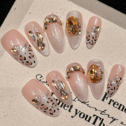 Glitter Rhinestone Flash Nude Color Leopard Cat's Eye Handmade Press On Nails