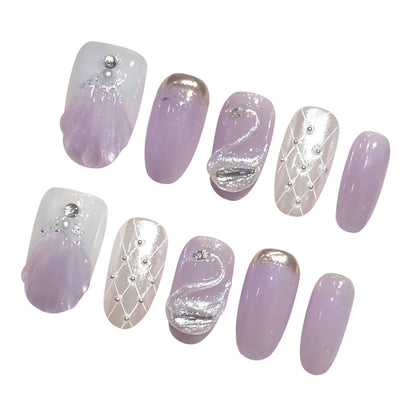 Glitter Swan Pearl Gradient Purple Round French Handmade Press On Nails