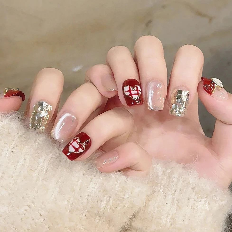 Aesthetic Red Heart Design Glitter Sequins Handmade Press On Nails