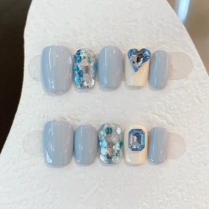 Sparkling Sequins Blue Rhinestones Handmade Press On Nails