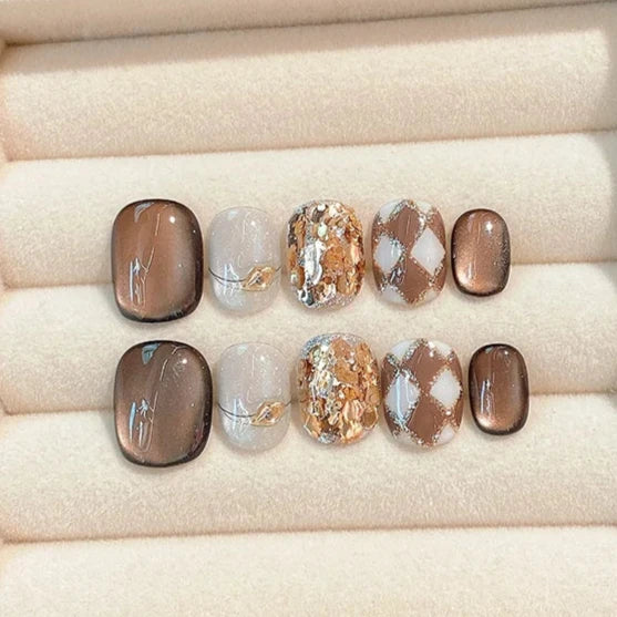 Amber Sequins Short Oval Handmade Press On Nails